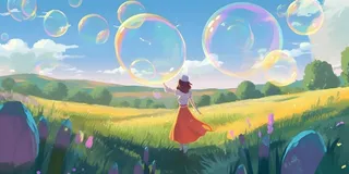 蓝天白云彩色泡泡彩虹草原树林风景插画背景