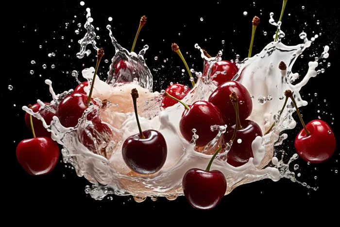 水果牛奶碰撞融合车厘子液体撞击迸射瞬间摄影图