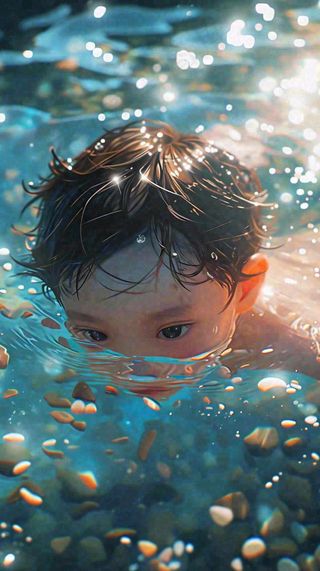 夏天儿童男孩水里游泳戏水，小暑大暑