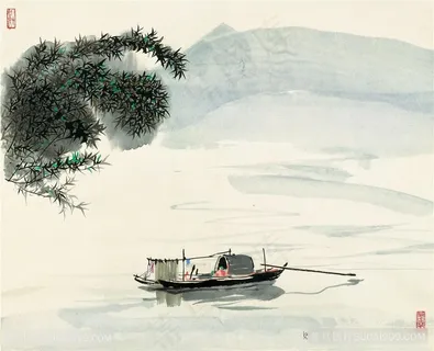 吴冠中手绘水墨湖畔山脉风景画