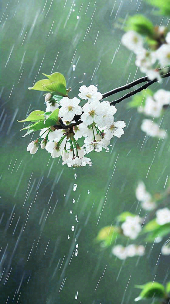 春天白色花朵枝叶在雨中，新鲜绿叶鲜花，雨水谷雨摄影图(816x1456)