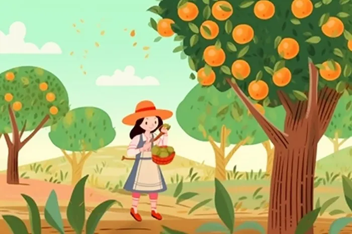 女孩摘树上的水果丰收插画背景(1344x896)