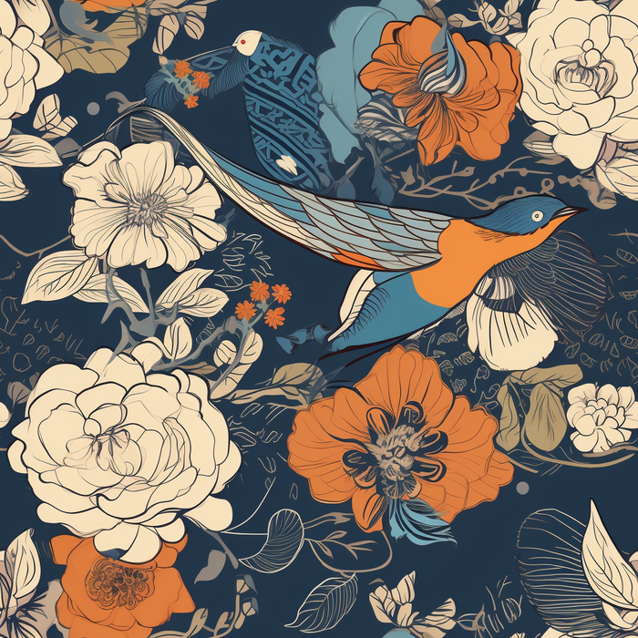 花鸟图，插画风格，无缝贴图，素材