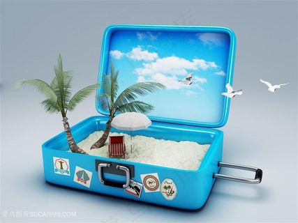 创意旅行箱海边度假高清图片