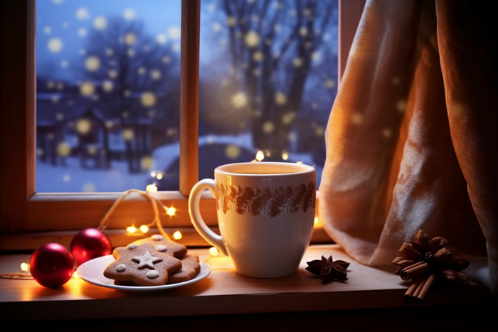 圣诞装饰下午茶饼干咖啡窗边摄影图