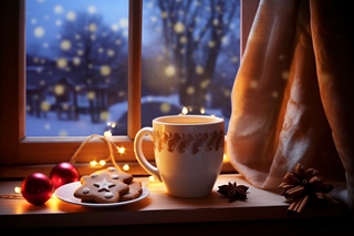 圣诞装饰下午茶饼干咖啡窗边摄影图