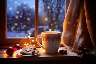 圣诞装饰下午茶饼干咖啡窗边摄影图