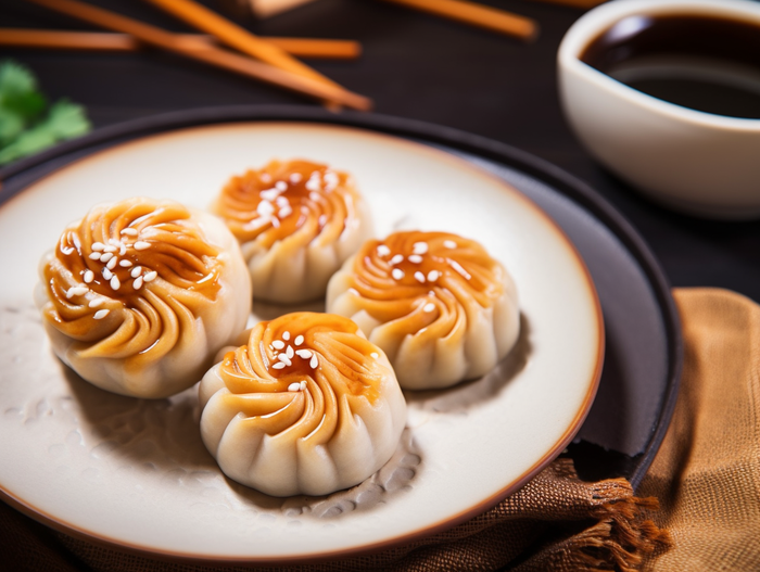 中秋木质托盘餐具上摆放着的月饼和茶壶杯子摄影图