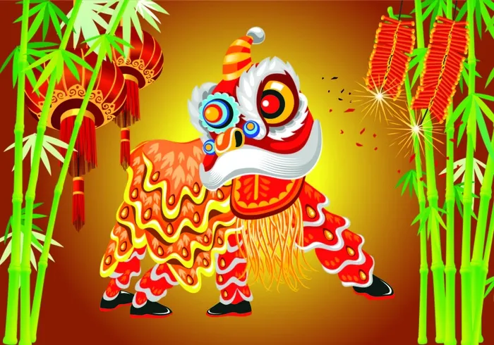 中秋节舞狮灯笼红色背景
