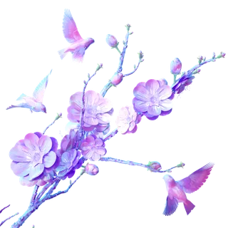 蒸汽波惊蛰植物装饰开花飞鸟免扣装饰素材