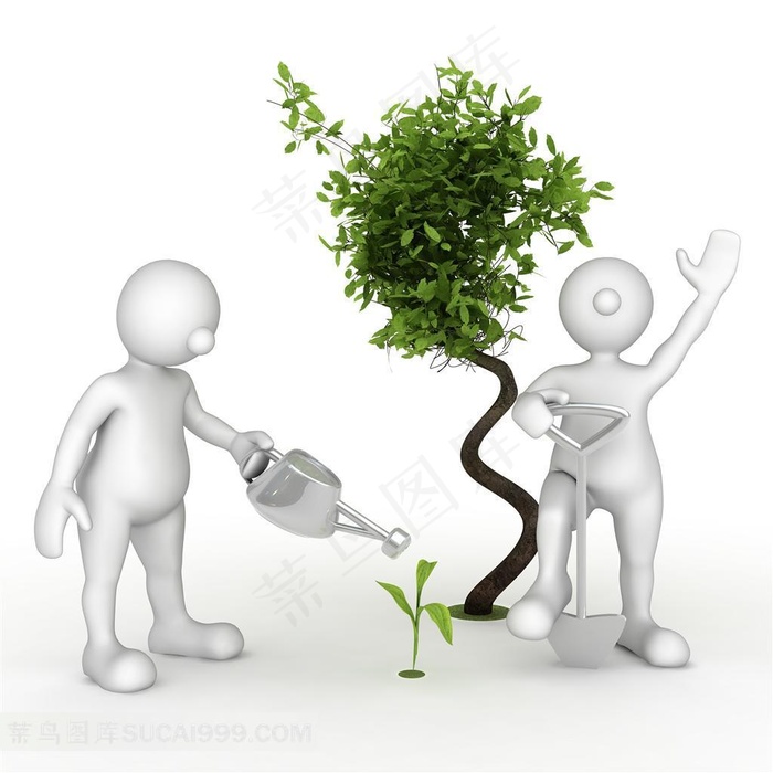 给树苗浇水的3D小人