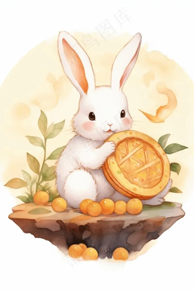 月饼小白兔玩耍插画水彩画背景(896x1344)
