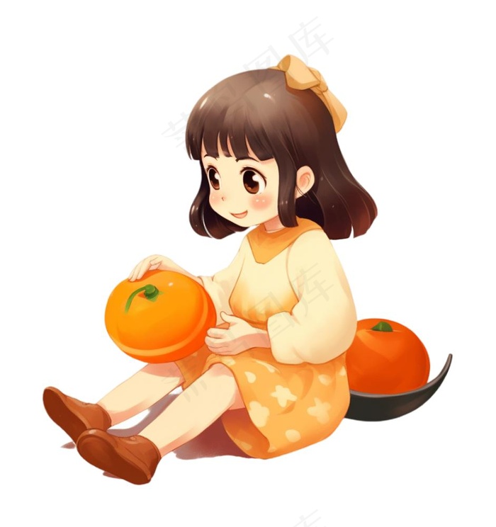 抱着南瓜的小女孩可爱卡通插画免抠(1024x1088)