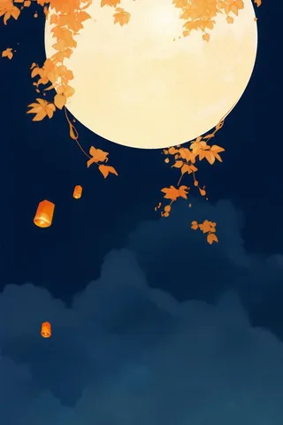 灯笼明月月光简约树叶温馨海报背景