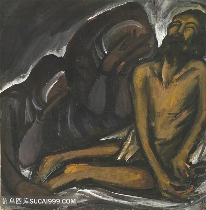 林风眠手绘老人山峦油画风景画