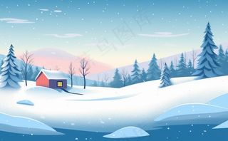 冬天乡村雪地里的房子雪景白雪卡通插画背景