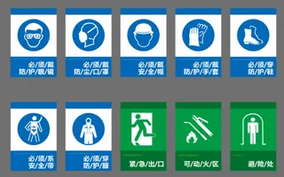 蓝色绿色标识牌注意防护类