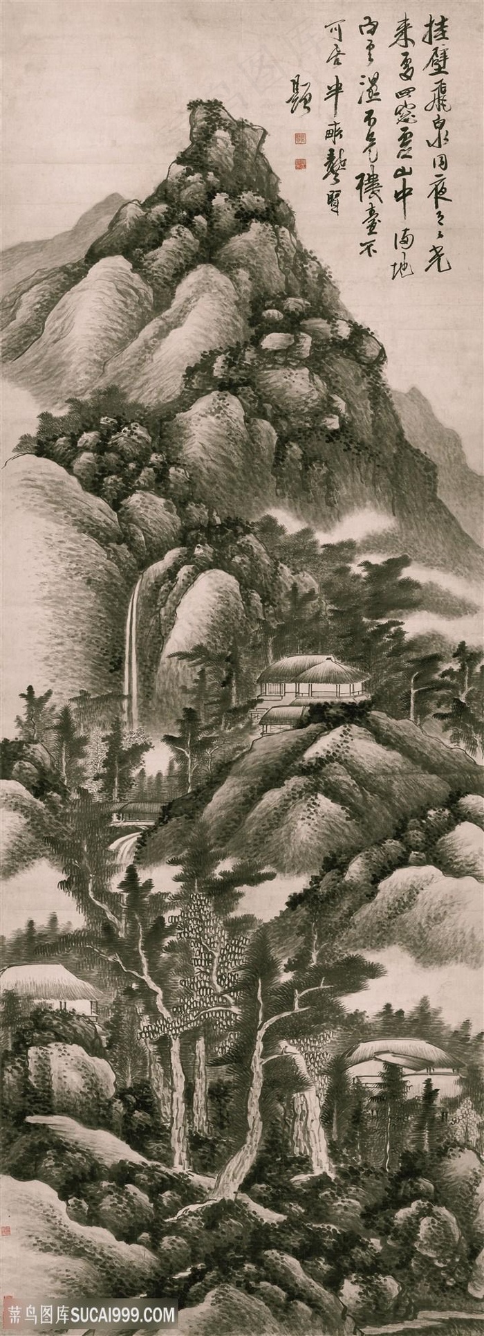 清代画家龚贤作品挂壁飞泉图国画图片