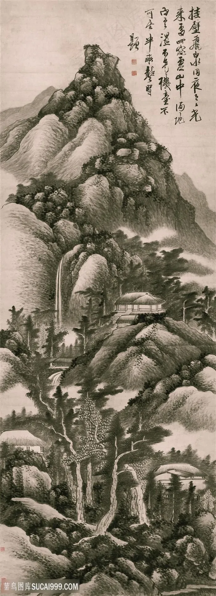 清代画家龚贤作品挂壁飞泉图国画图片