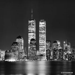 高楼黑白湖景风景画