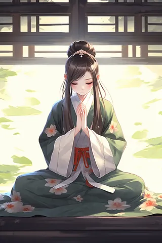 一位古风少女正在打坐插画动漫图