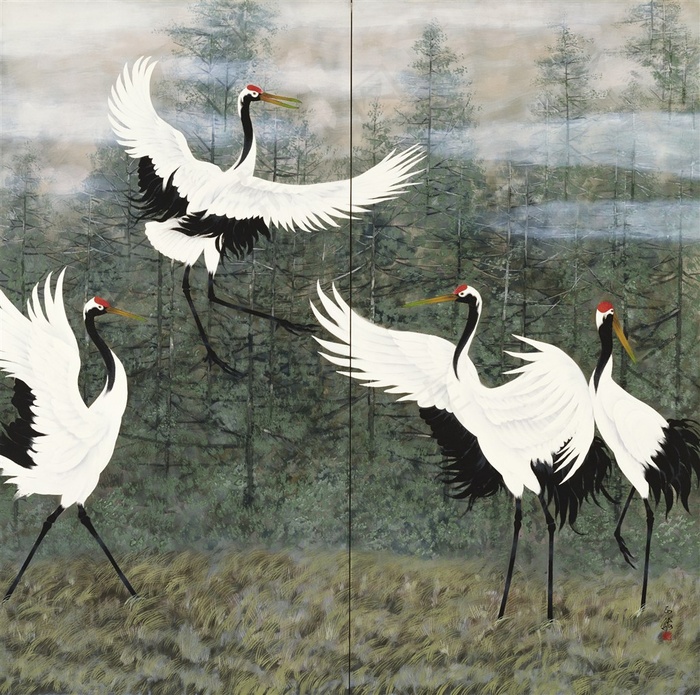 飞鹤与森林高清油画图片