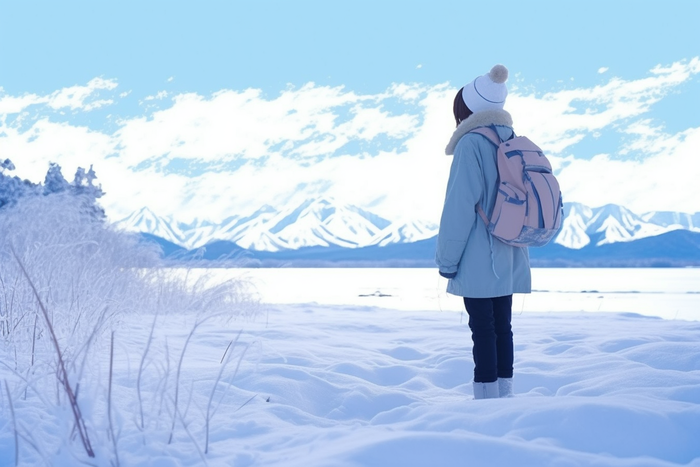 冬天一个女生背包走在山林里雪景摄影图(4032x2688)