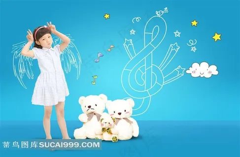 可爱的小女孩与玩具小熊艺术设计素材