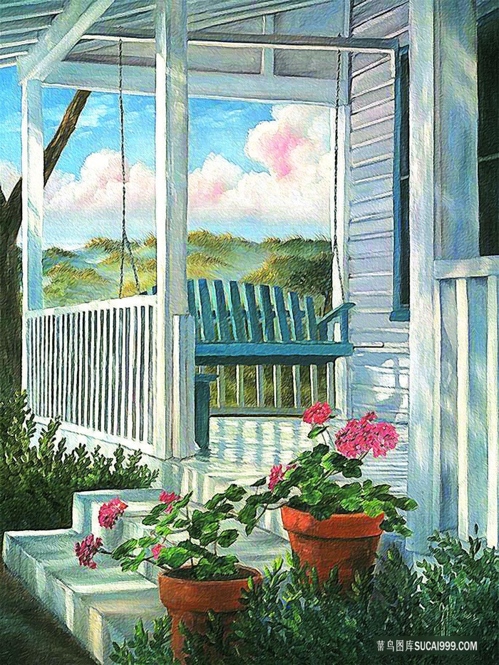 木屋盆栽风景画油画