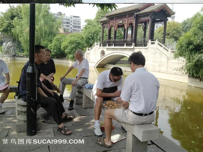 广东佛山梁园湖边悠闲下棋的人们