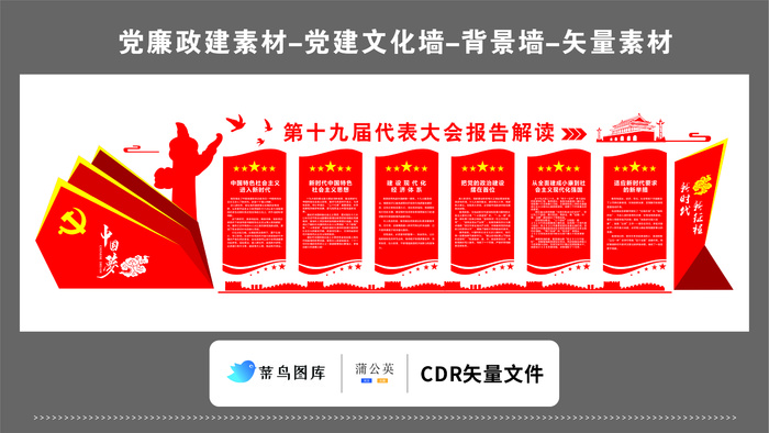 党建文化墙党建素材CDR预览图红色背景第十九届代表大会报告解读中国梦cdr矢量模版下载