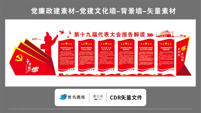 党建文化墙党建素材CDR预览图红色背景第十九届代表大会报告解读中国梦cdr矢量模版下载