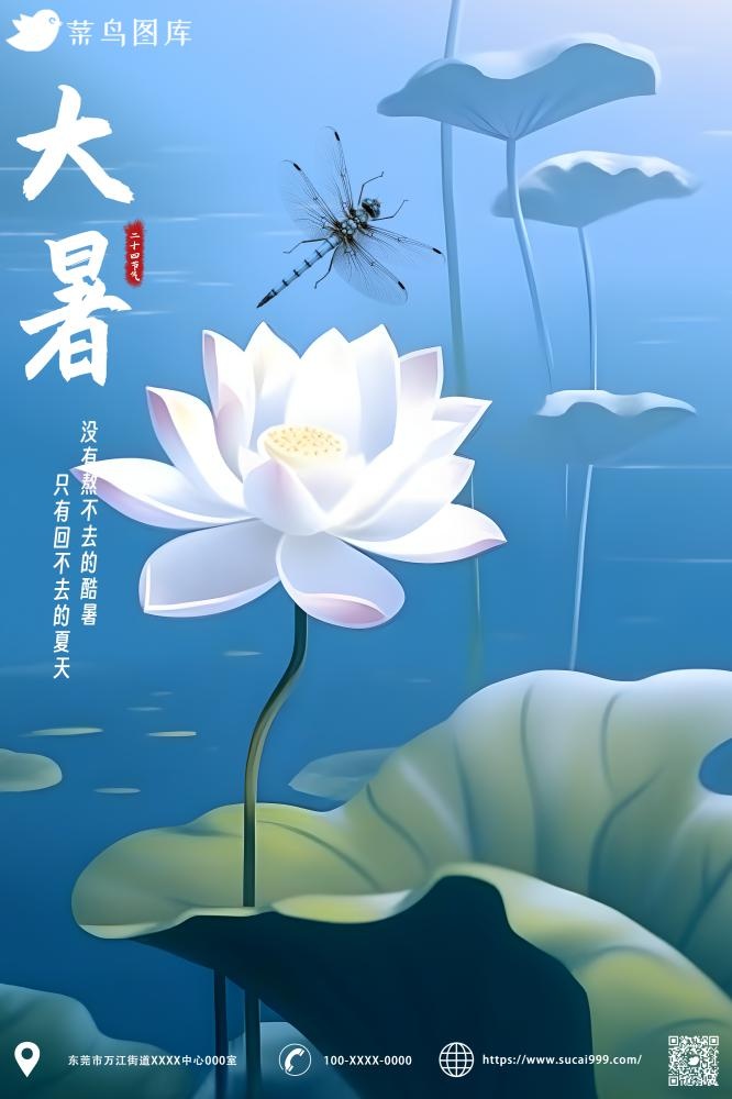 大暑节气荷花荷叶蓝色海报