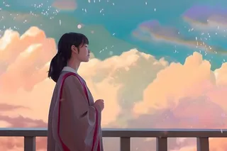 天空彩虹白云毕业的女孩插画背景