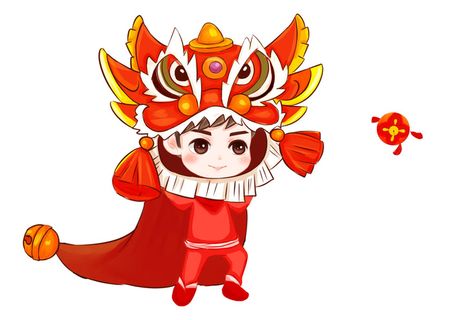 新年春节虎年元宵手绘人物舞狮卡通狮子头插画元素PSD设计素材