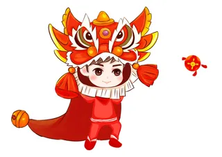 新年春节虎年元宵手绘人物舞狮卡通狮子头插画元素PSD设计素材