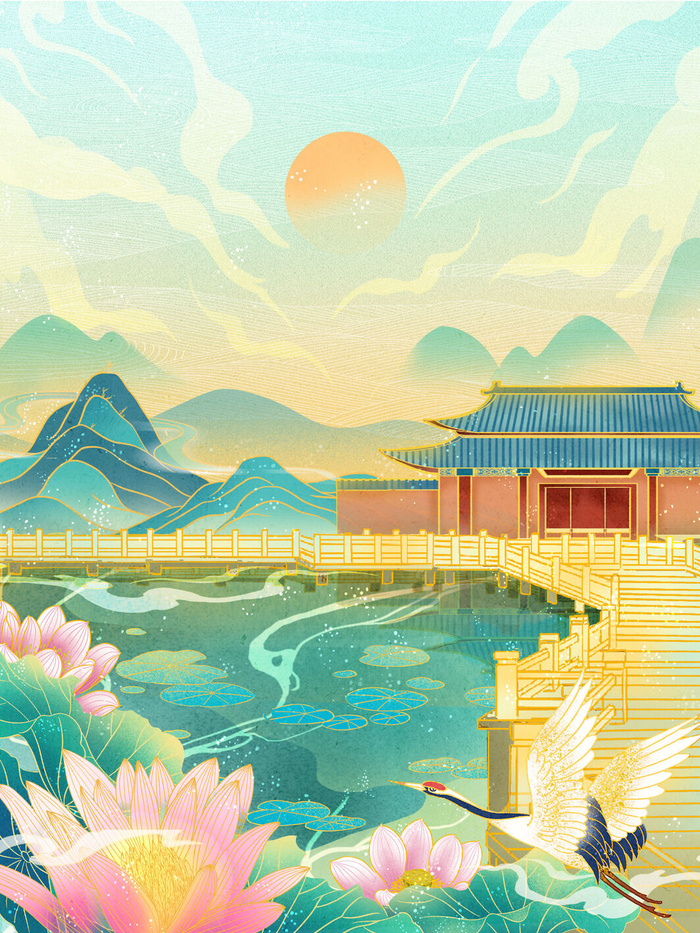 中国风国潮烫金仙鹤山水古建筑风景装饰插画背景PSD分层设计素材