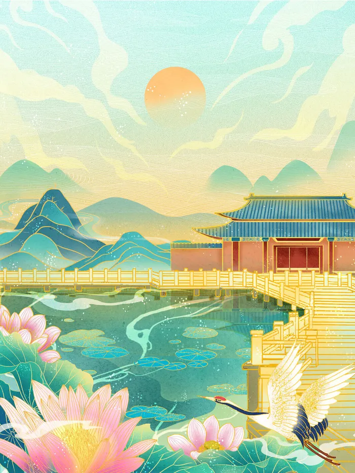 中国风国潮烫金仙鹤山水古建筑风景装饰插画背景PSD分层设计素材psd模版下载