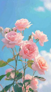 春天蓝天白云阳光下的粉色玫瑰花朵，谷雨立夏