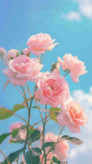 春天蓝天白云阳光下的粉色玫瑰花朵，谷雨立夏