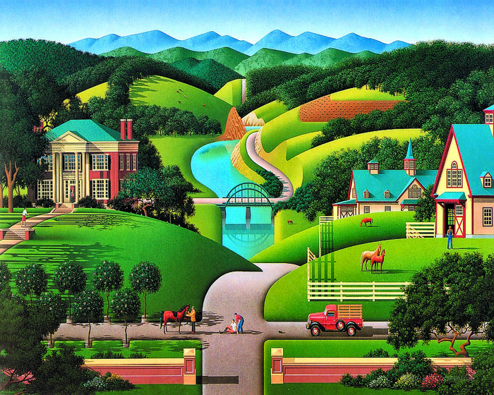 草地溪流高清房子油画风景画