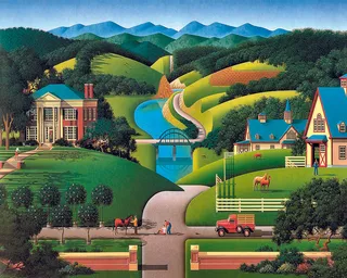 草地溪流高清房子油画风景画