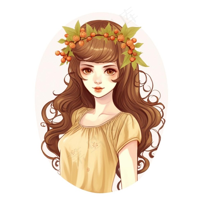 长头发少女头戴花环穿黄裙子插画 免抠(1024x1024)