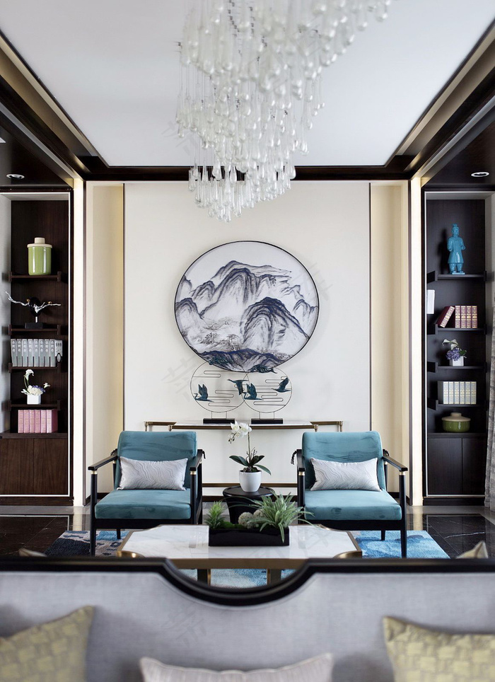 中式圆形复式楼客厅古典家居玄关隔断餐厅带圆形走廊酒店宾馆房间卧室床铺个