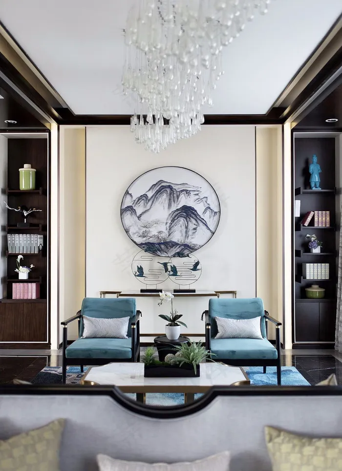 中式圆形复式楼客厅古典家居玄关隔断餐厅带圆形走廊酒店宾馆房间卧室床铺个