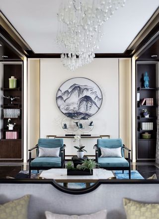 中式圆形复式楼客厅古典家居玄关隔断餐厅带圆形走廊酒店宾馆房间卧室床铺个