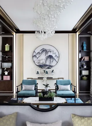 中式圆形复式楼客厅古典家居玄关隔断餐厅带圆形走廊酒店宾馆房间卧室床铺个