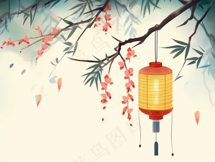 古风树枝挂灯笼花枝头插画素材(3696x2784)
