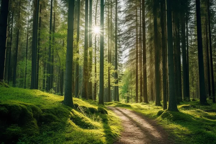 阳光透过森林里的间隙露出来的光晕光影摄影图(4032x2688)