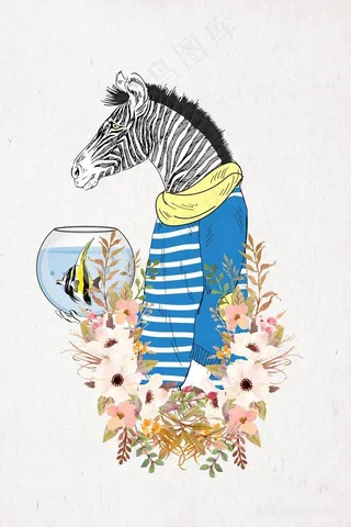 斑马鱼缸水彩艺术装饰画